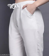 White cotton women's trousers with side pocket and drawstring, comfortable fit